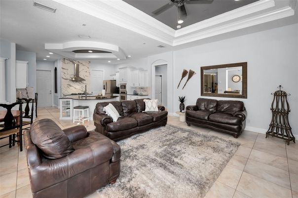 Interior, Kitchen, Living room, Marble Walls, Recessed Lighting, Stainless Steel Appliances