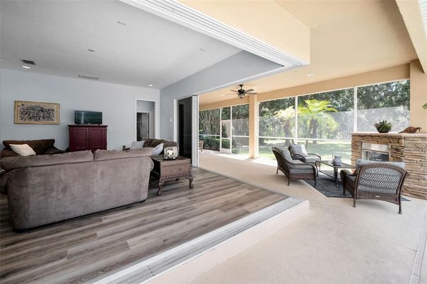 Fireplace, Interior, Living room, Recessed Lighting, Wood Texture Flooring