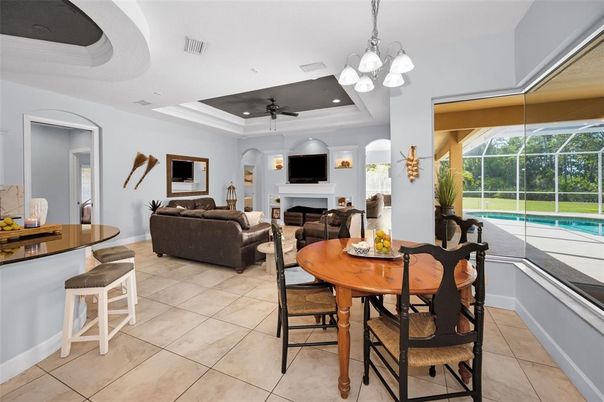 Chandelier, Dining room, Fireplace, Interior, Living room, Recessed Lighting