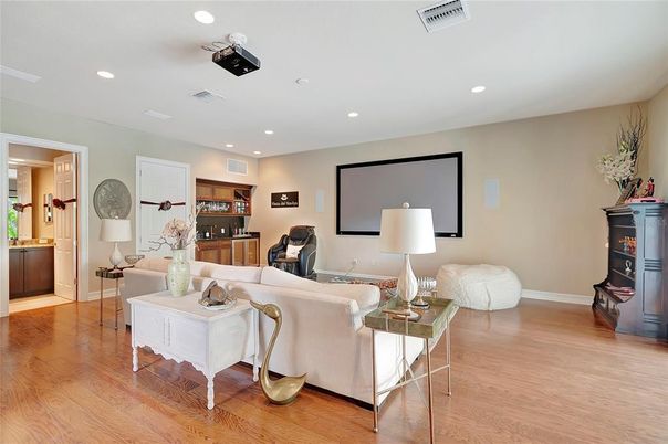 Interior, Living room, Projection Screen, Recessed Lighting, Wood Texture Flooring