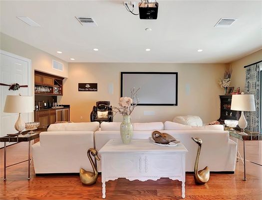 Interior, Living room, Projection Screen, Recessed Lighting, Wood Texture Flooring