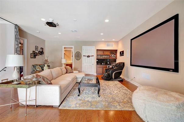 Interior, Living room, Projection Screen, Recessed Lighting, Wood Texture Flooring