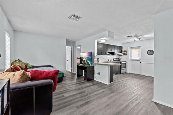 Interior, Kitchen, Living room, Stainless Steel Appliances, Wood Texture Flooring