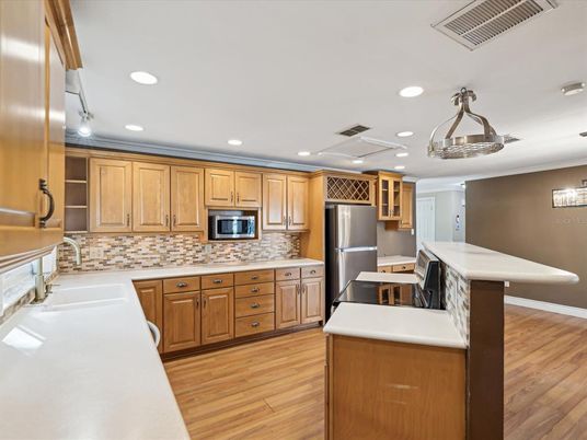 Interior, Kitchen, Recessed Lighting, Stainless Steel Appliances, Wood Texture Flooring
