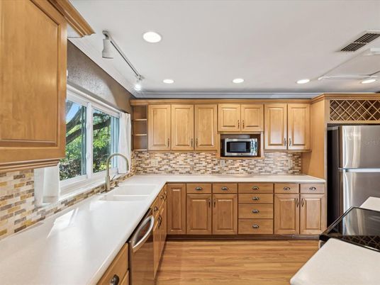 Interior, Kitchen, Recessed Lighting, Stainless Steel Appliances, Wood Texture Flooring