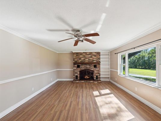 Empty room, Fireplace, Interior, Stone Walls, Wood Texture Flooring