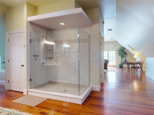 Bathroom, Glass Shower, Interior, Recessed Lighting, Wood Texture Flooring