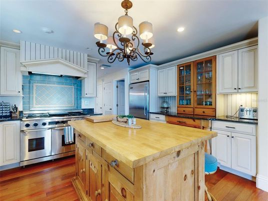 Chandelier, Interior, Kitchen, Recessed Lighting, Stainless Steel Appliances, Wood Texture Flooring