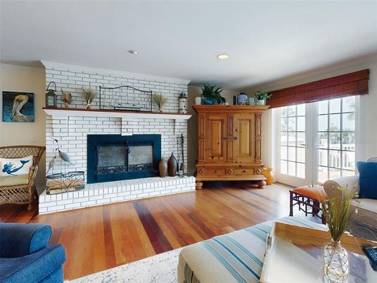 Fireplace, Interior, Living room, Recessed Lighting, Stone Walls, Wood Texture Flooring