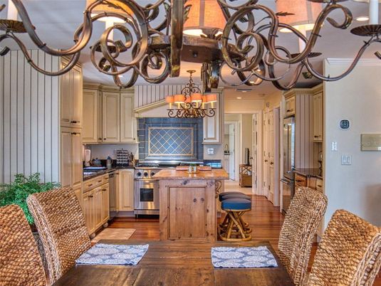 Chandelier, Interior, Kitchen, Recessed Lighting, Wood Texture Flooring