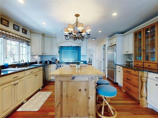 Chandelier, Interior, Kitchen, Recessed Lighting, Stainless Steel Appliances, Wood Texture Flooring