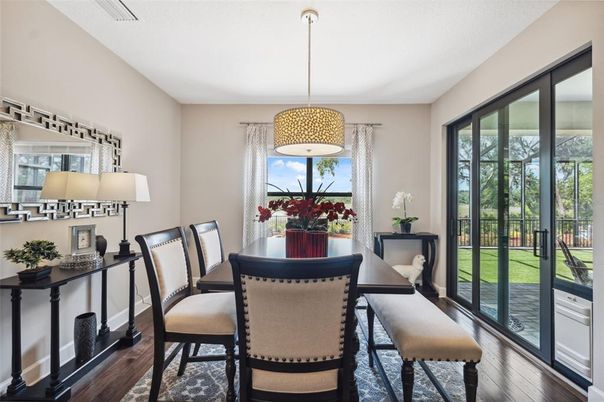 Dining room, Interior, Pendant Lights, Wood Texture Flooring