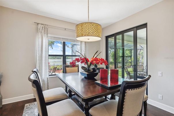 Dining room, Interior, Pendant Lights, Wood Texture Flooring