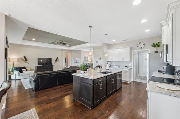 Interior, Kitchen, Living room, Pendant Lights, Recessed Lighting, Wood Texture Flooring