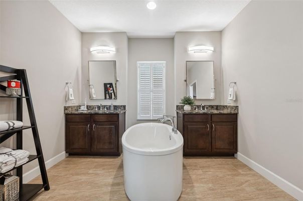 Bathroom, Dual Sink Vanities, Interior, Recessed Lighting, Wood Texture Flooring