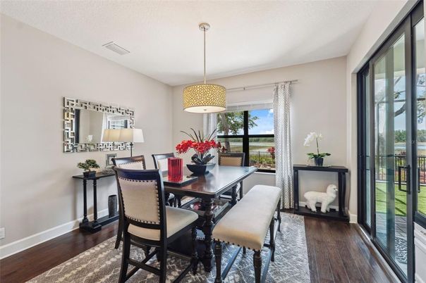 Dining room, Interior, Pendant Lights, Wood Texture Flooring