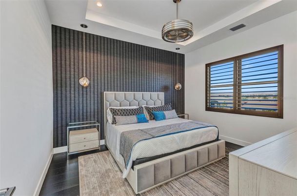 Bedroom, Interior, Pendant Lights, Recessed Lighting, Wood Texture Flooring