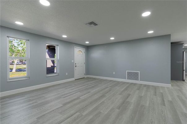 Empty room, Interior, Recessed Lighting, Wood Texture Flooring