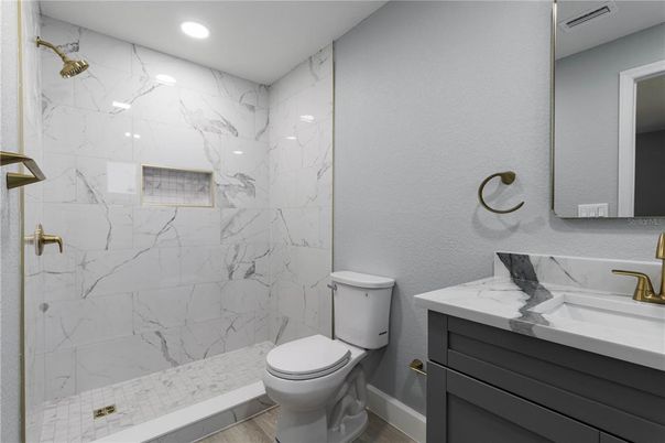 Bathroom, Interior, Marble Walls, Recessed Lighting, Wood Texture Flooring