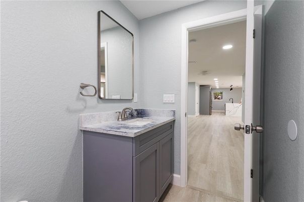 Bathroom, Interior, Recessed Lighting, Wood Texture Flooring