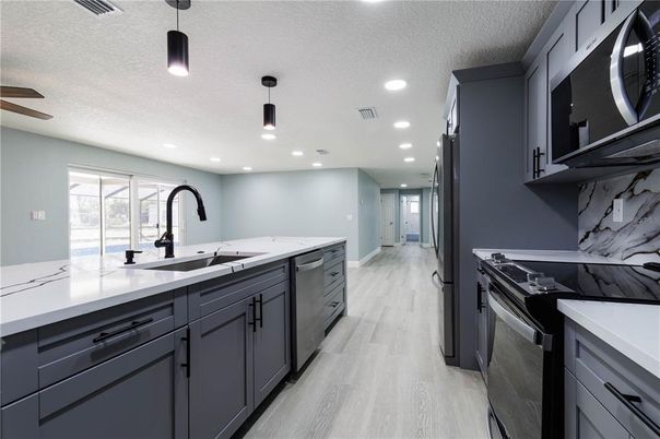 Interior, Kitchen, Pendant Lights, Recessed Lighting, Wood Texture Flooring