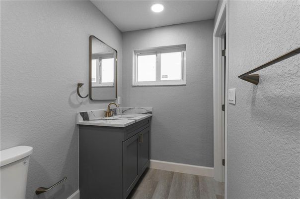 Bathroom, Interior, Recessed Lighting, Wood Texture Flooring