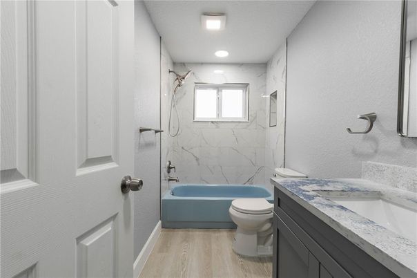Bathroom, Interior, Marble Walls, Recessed Lighting, Wood Texture Flooring