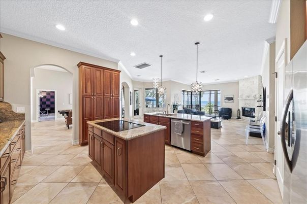 Fireplace, Interior, Kitchen, Living room, Pendant Lights, Recessed Lighting, Stainless Steel Appliances