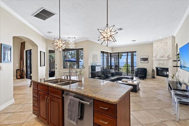 Dining room, Fireplace, Interior, Kitchen, Living room, Pendant Lights, Recessed Lighting