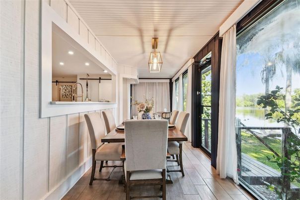 Dining room, Interior, Recessed Lighting, Wood Texture Flooring