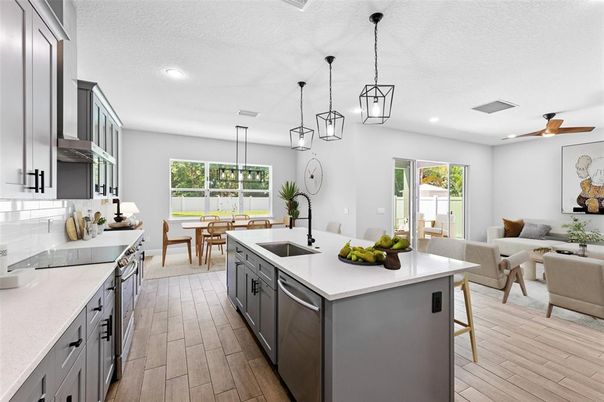 Dining room, Interior, Kitchen, Living room, Pendant Lights, Recessed Lighting, Stainless Steel Appliances, Wood Texture Flooring