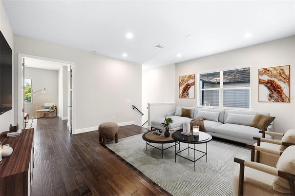 Interior, Living room, Recessed Lighting, Wood Texture Flooring