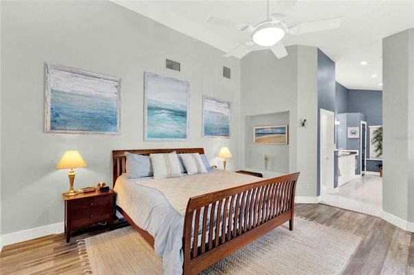 Bedroom, Interior, Recessed Lighting, Wood Texture Flooring