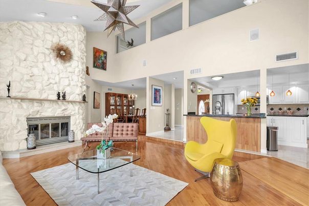 Chandelier, Dining room, Fireplace, Interior, Kitchen, Recessed Lighting, Wood Texture Flooring