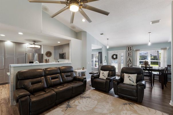 Dining room, Interior, Kitchen, Living room, Pendant Lights, Recessed Lighting, Stainless Steel Appliances, Wood Texture Flooring