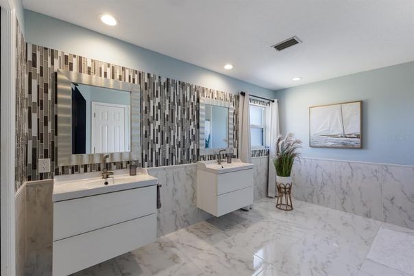 Bathroom, Dual Sink Vanities, Interior, Marble, Recessed Lighting