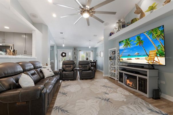 Fireplace, Interior, Kitchen, Living room, Pendant Lights, Recessed Lighting, Wood Texture Flooring