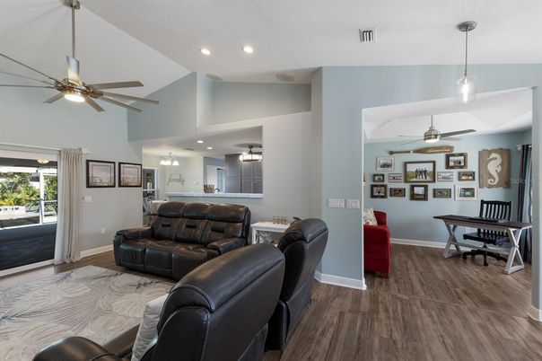 Dining room, Interior, Pendant Lights, Recessed Lighting, Wood Texture Flooring