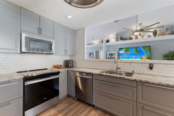 Interior, Kitchen, Recessed Lighting, Stainless Steel Appliances, Wood Texture Flooring