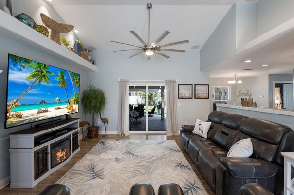 Fireplace, Interior, Living room, Recessed Lighting, Wood Texture Flooring