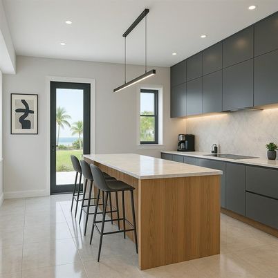 Interior, Kitchen, Marble Walls, Pendant Lights, Recessed Lighting