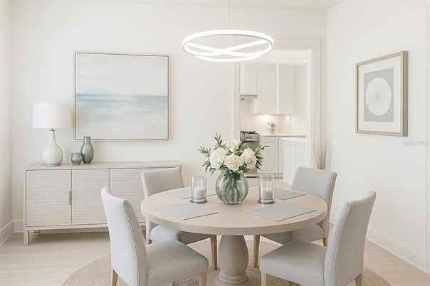 Dining room, Interior, Kitchen, Pendant Lights, Wood Texture Flooring