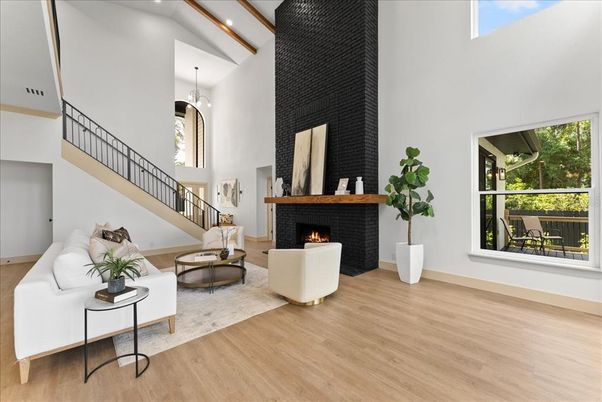 Fireplace, Interior, Living room, Pendant Lights, Wood Texture Flooring