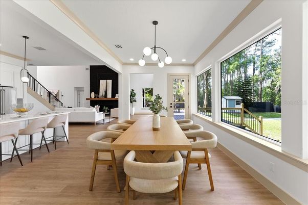 Dining room, Interior, Pendant Lights, Recessed Lighting, Wood Texture Flooring