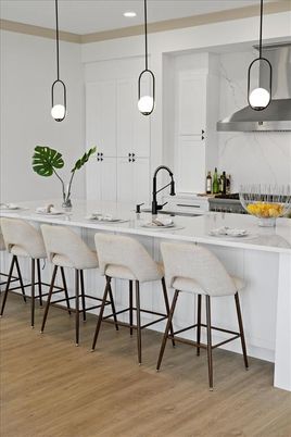 Interior, Kitchen, Marble Walls, Pendant Lights, Recessed Lighting, Wood Texture Flooring