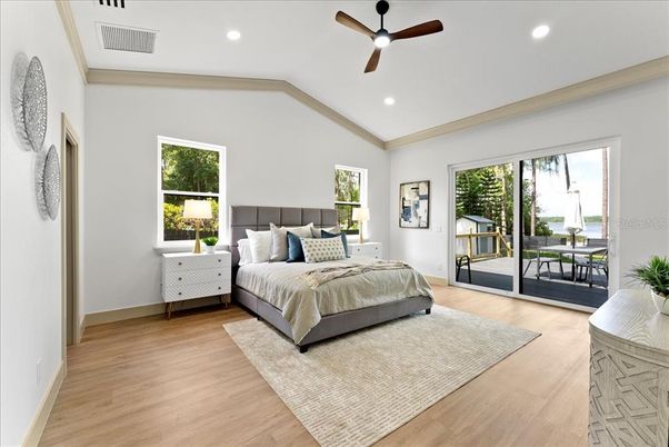 Bedroom, Interior, Recessed Lighting, Wood Texture Flooring