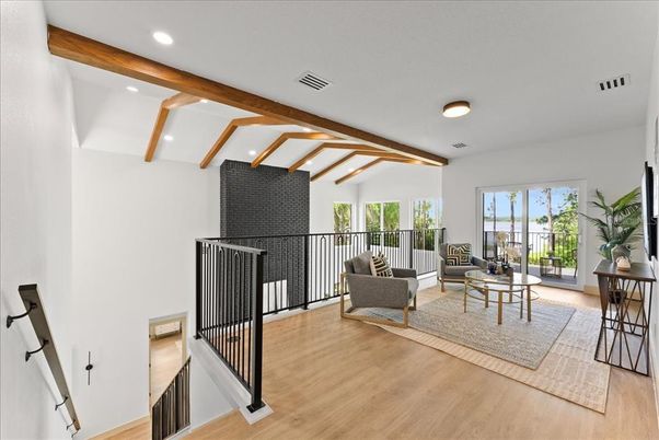 Fireplace, Interior, Living room, Recessed Lighting, Wooden Beams, Wood Texture Flooring