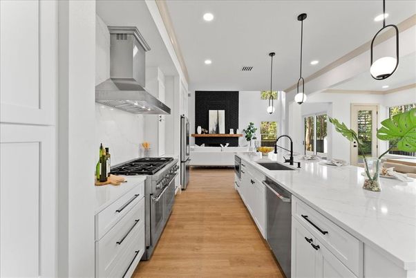 Interior, Kitchen, Pendant Lights, Recessed Lighting, Stainless Steel Appliances, Wood Texture Flooring