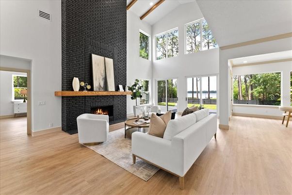 Fireplace, Interior, Living room, Recessed Lighting, Wood Texture Flooring