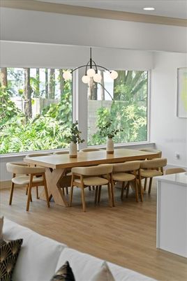 Dining room, Interior, Recessed Lighting, Wood Texture Flooring